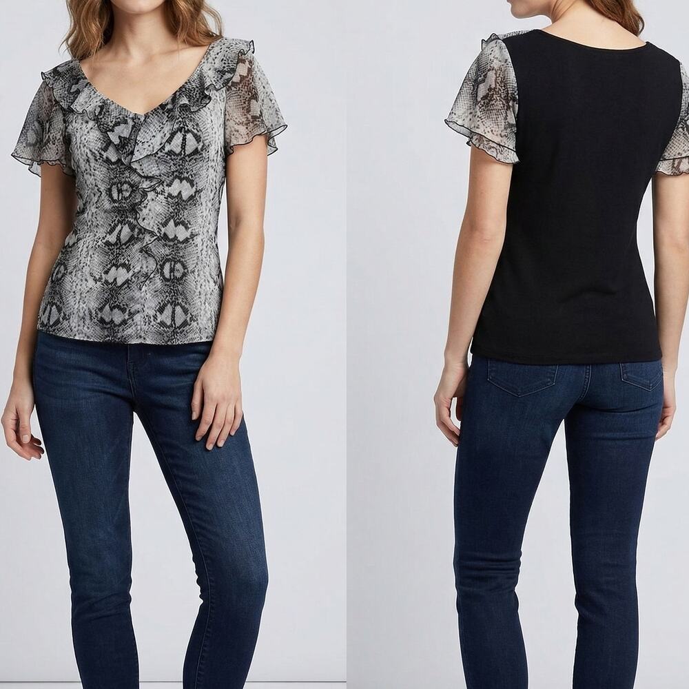WHBM White House Black Market Small Black Flutter Short Sleeve Top